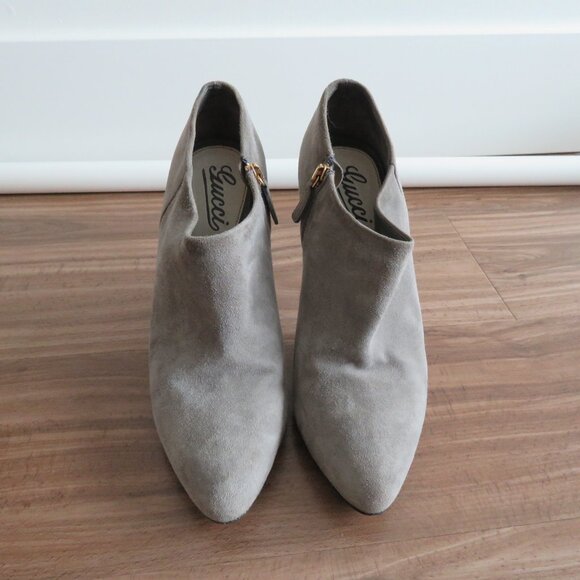 GUCCI Gray Suede Leather Sofia Heeled Booties Shoes - Size EU 38.5 / US 8 - Picture 3 of 16